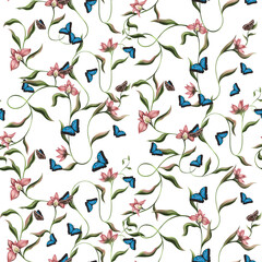 Flowers, seamless pattern. Butterflies.