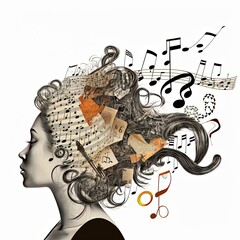 Girl face with music tool collage hairs.  Passion for music concept.  Illustration on white background	 - obrazy, fototapety, plakaty