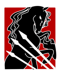 Graphic book illustration, digital. On a red background, a black dancing horse and spears. Original drawing of good quality, raster