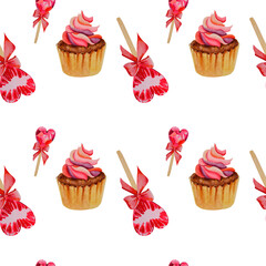 A pattern of lollipops and cupcakes on a white background. Lollipop in the form of a kiss. Sweets. valentine's day.