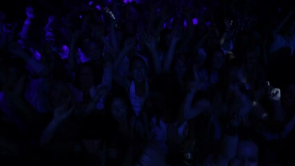 Party, crowd or people dance at festival for music, concert or disco event. Men and women wave, energy or celebration with group at club with friends for rave, techno or live performance at night