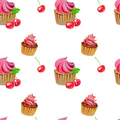 A pattern of cupcakes and cherries. Ripe juicy cherry. valentine's day. Watercolor illustration.