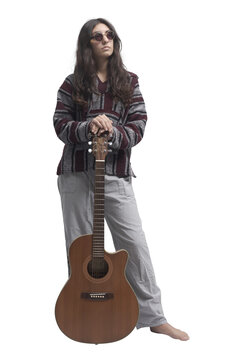Hippie woman with acoustic guitar PNG file no background