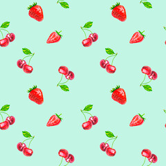 Cherry and strawberry pattern. Summer berries. Juicy print. Watercolor illustration.