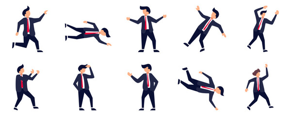 Set of Businessman or office vector characters in various poses. Cartoon young employee businessman character working