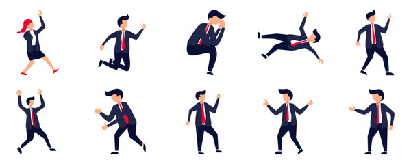 Fototapeta na wymiar Set of Businessman or office vector characters in various poses. Cartoon young employee businessman character working