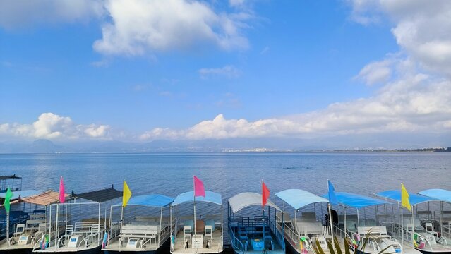 Beautiful View Of Boats In Front Of The Fuxian Lake In China.