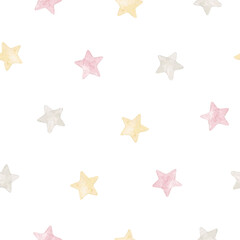 Watercolor seamless pattern with cute stars pastel color. Isolated on white background. Hand drawn clipart. Perfect for card, fabric, tags, invitation, printing, wrapping.
