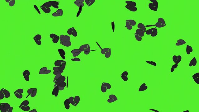 Falling black broken hearts on a green screen background. 3D render animation. Video effect for valentine's day and wedding. Green screen. Rain from hearts.