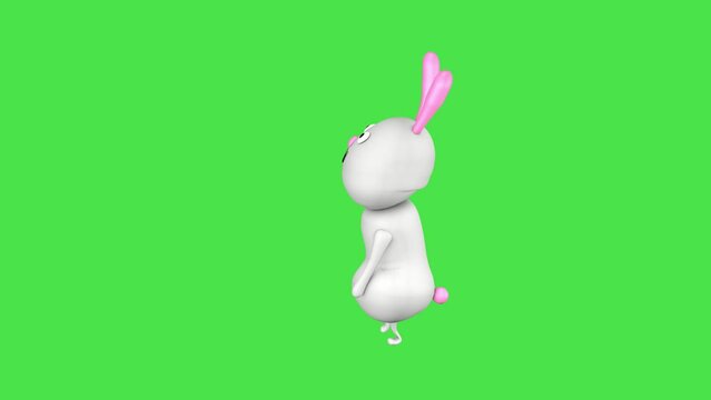 3D character of a cute rabbit funny dances on a green screen background. 3D animation.
