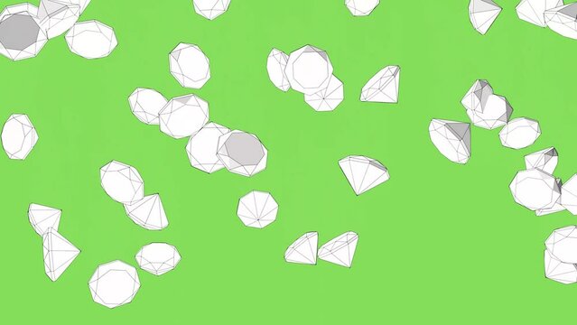 White rubies fall on a green background. 3D animation. Cartoon background. Rain of gems.