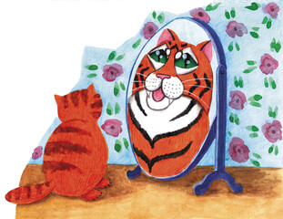 A red cat who looks in the mirror and sees a tiger. Colorful illustration for children's products. Book illustration for children. Cute characters in vintage style. 