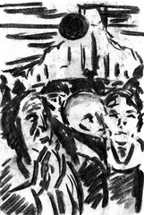 Quick sketch, emotional work. People in the square, faces. Black Sun. Illustration for poetry, book illustration. Praying people and the black sun. Charcoal illustration.