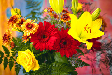 Valentine's Day Women's Day birthday holiday party. Close up cropped photo of bouquet of flowers isolated on colorful background.
