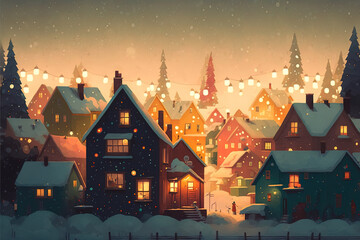Fototapeta na wymiar Christmas village town with snow and light in winter season. Winter landscape, wallpaper background, Christmas holiday and 3D illustration. 