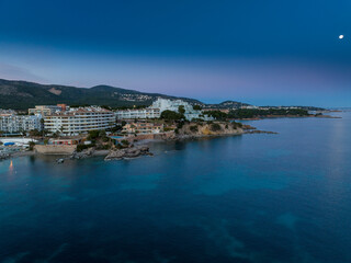Fototapeta premium Aerial view, Spain, Balearic Islands, Mallorca, Calvia Region, Nova Santa Ponca at dusk