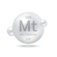Meitnerium molecule models silver and chemical formulas scientific element. Natural gas. Ecology and biochemistry concept. Isolated spheres on white background. 3D Vector Illustration.