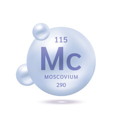 Moscovium molecule models purple silver and chemical formulas scientific element. Ecology and biochemistry concept. Isolated spheres on white background. 3D Vector Illustration.