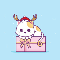 Merry christmas illustration with cute cat wear santa hat