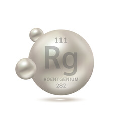 Roentgenium molecule models silver and chemical formulas scientific element. Ecology and biochemistry concept. Isolated spheres on white background. 3D Vector Illustration.