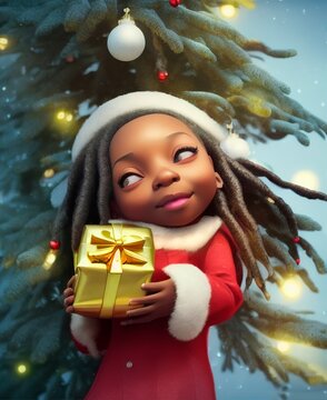 AI-generated Image Of 3D Illustration Of A Cute African-American Christmas Elf With A Gift In Her Hands