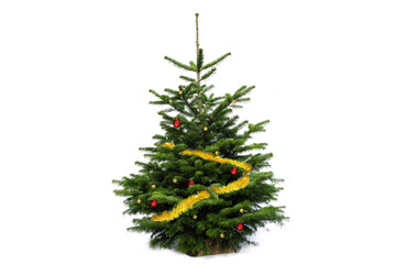 Decorated Christmas tree on white background. Small fir tree on a log with Christmas balls and...