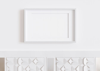 Blank horizontal picture frame hanging on white wall. Template, mock up for your artwork, picture or poster. Empty, copy space. Close up view. Simple, minimalist mockup. 3D rendering.