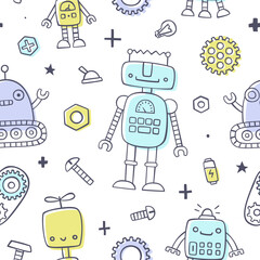 Cute doodle robot pattern. Seamless outline vector print for baby textile and apparel.
