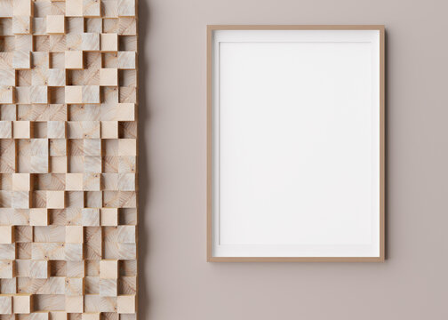 Blank vertical picture frame hanging on beige wall. Template, mock up for your artwork, picture or poster. Empty, copy space. Close up view. Simple, minimalist mockup. 3D rendering.