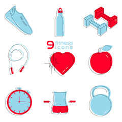 the set of nine blue and red flat simple fitness icons