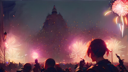 crowd of people dancing at silvester / new years eve in the city with fireworks in the background - poster - painting - party - disco