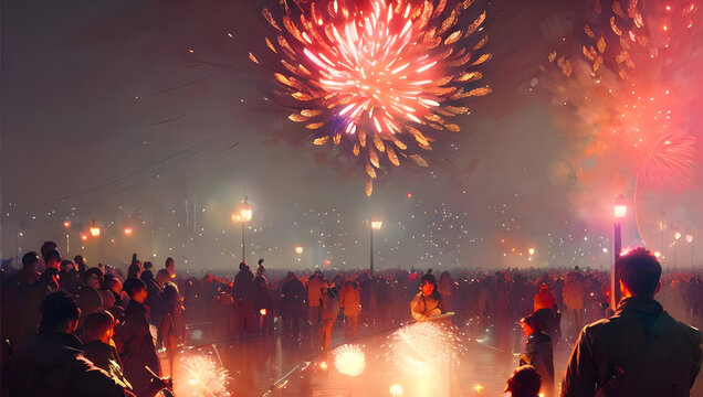 Crowd Of People Dancing At Silvester / New Years Eve In The City With Fireworks In The Background - Poster - Painting - Party - Disco