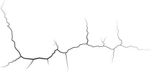 Cracks on wall, earth or stone. Scratches lines on surfaces. Lightning and thunderstorm illustration. Fissure on ground and ice. Graphic explosions texture 
