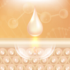 Hyaluronic acid hair and skin solutions ad, creamy collagen serum drop into skin cells with cosmetic advertising background ready to use, illustration vector.