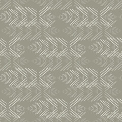 Glitch aztec geometric vector seamless pattern background. Neutral backdrop with hand drawn horizontal decorative motifs. Parallel symmetrical carpet effect repeat for packaging, business.