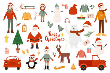Big vector set of Christmas characters and decorations: family, santa, polar bear, elf, deer, red car, clothes. Design for greeting card, poster, website.