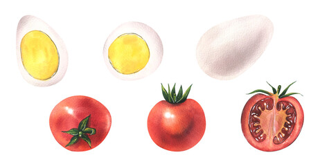 Cherry tomatoes, quail eggs cut and whole. Watercolor illustration. A set of isolated objects from the SHRIMP collection. For the design and design of menus, recipes, cafes, packaging, price tags.