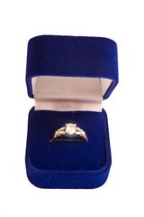 blue box with an engagement ring inside, isolated