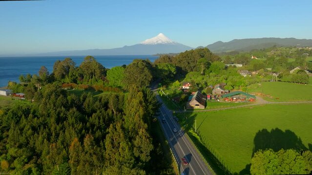Aerial view of Llanquihue lake, Osorno volcano in Puerto Varas in Chile