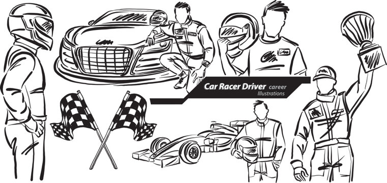 car racer driver career profession work doodle design drawing vector illustration