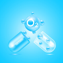 Oxygen O2 molecule models blue natural gas float out of the capsule transparent. Ecology and biochemistry concept. On solid background. 3D Vector Illustration.