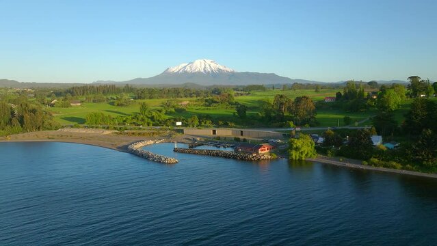 Aerial view of Llanquihue lake, Osorno volcano in Puerto Varas in Chile