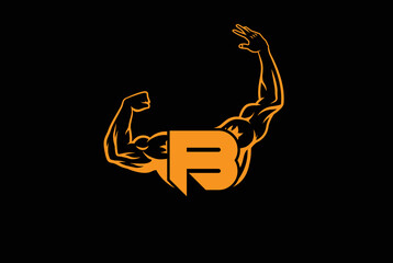 Letter B Logo With muscular open  Back Double Biceps shape. Fitness Gym logo.