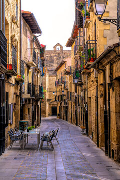 Laguardia Spain cafes and bars in narrow streets in beautiful hilltop town in Rioja region © acceleratorhams