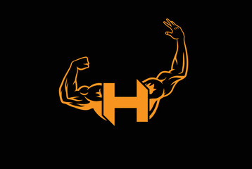 Letter H Logo With muscular open  Back Double Biceps shape. Fitness Gym logo.