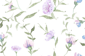 Seamless pattern purple flower with watercolor on white background.Designed for fabric and wallpaper vintage style.Floral pattern.Violet flower bouquet.Botanical background.