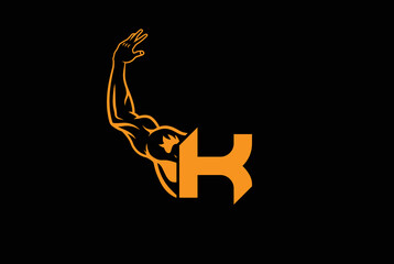 Letter K Logo With muscular open  Back Double Biceps shape. Fitness Gym logo.