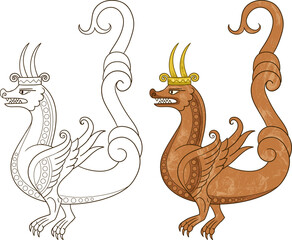 Fantasy medieval dragon. Isolated vector outline for coloring. Manuscript decor. 