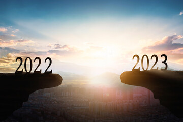 2023 new year concept: silhouette of 2023 with sky for preparation of welcome 2023 New Year party. 