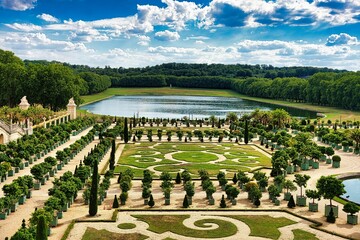 Gardens of Versailles under a cloudy sky